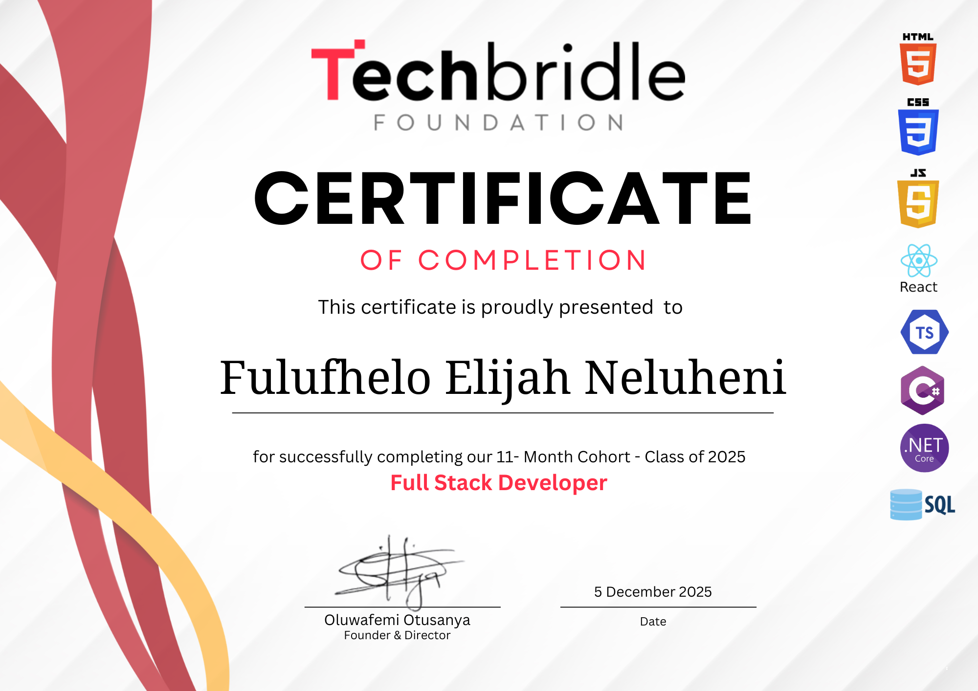 Elijah Neluheni certificate